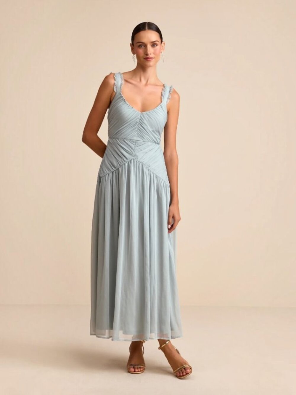 Lulus Laufey Dusty Blue Pleated Drop Waist Midi Dress NWT